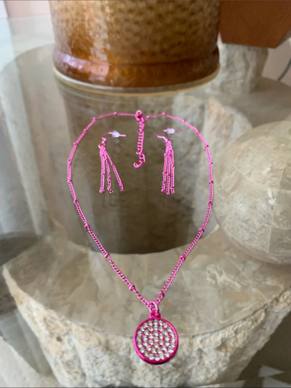 Crystal Pave Round Pendant Necklace and Tassel Earrings set